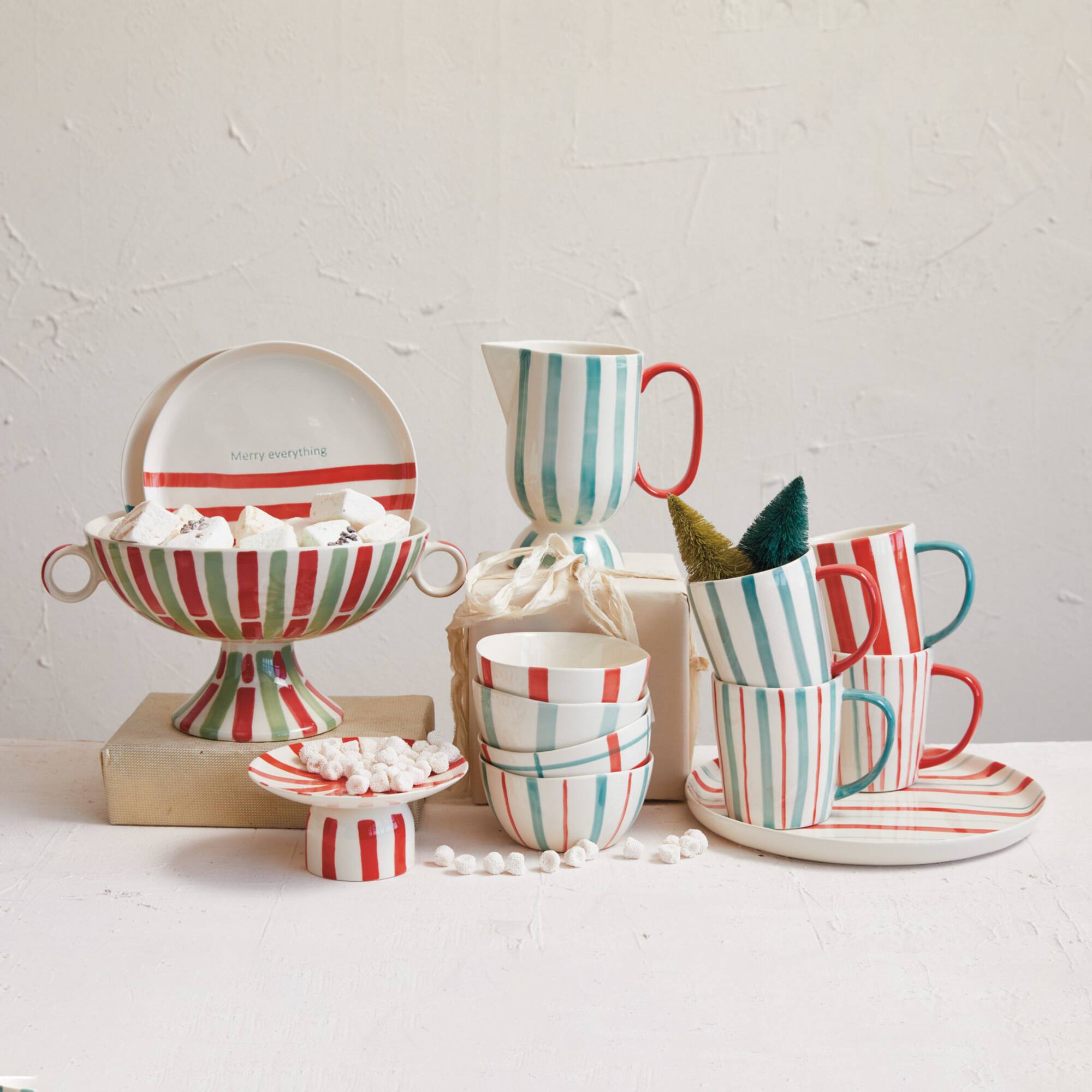 Hello Honey® 1qt. Red, Aqua & Cream Hand-Painted Stoneware Footed Pitcher with Stripes